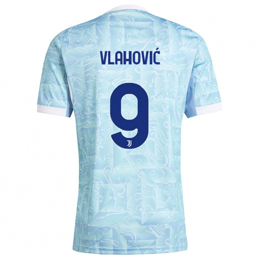 Danxen Mann Dušan Vlahović #9 Lyseblå Gul Bortetrøye Drakt Trøye 2025/26 Skjorter T-Skjorte