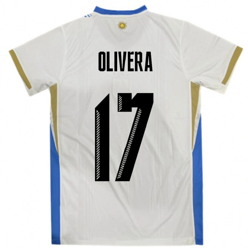 Danxen Barn Uruguay Cristian Olivera #17 Hvit Blå Bortetrøye Drakt Trøye 24-26 Skjorter T-Skjorte