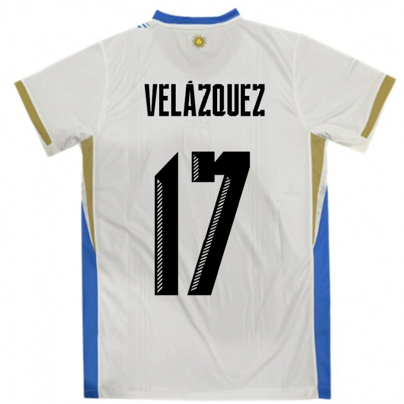 Danxen Barn Uruguay Ezequiel Velázquez #17 Hvit Blå Bortetrøye Drakt Trøye 24-26 Skjorter T-Skjorte