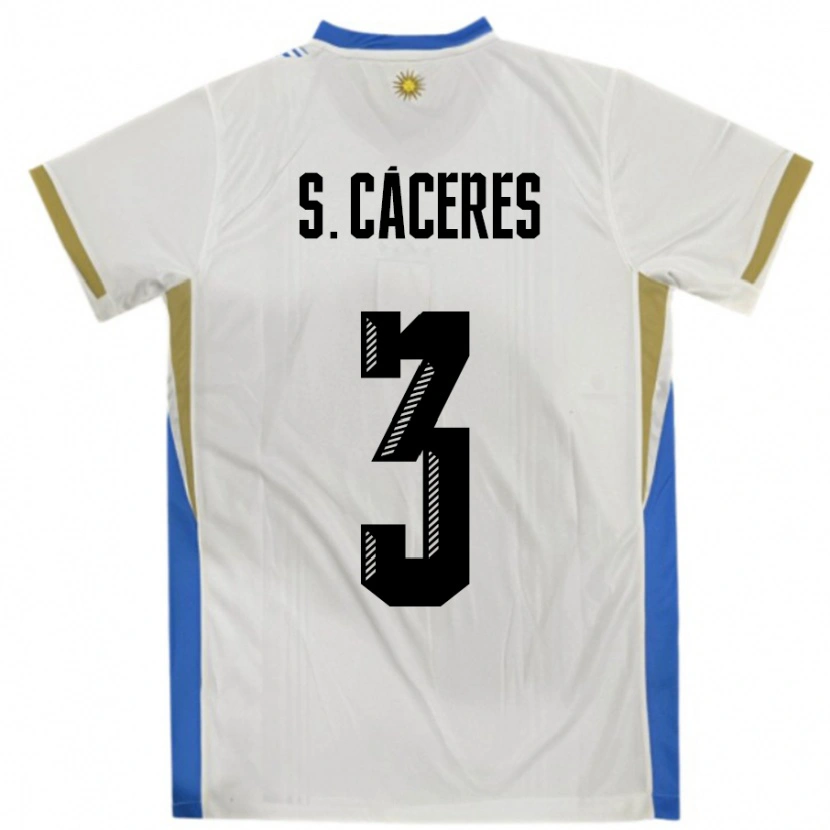 Danxen Barn Uruguay Sebastian Caceres #3 Hvit Blå Bortetrøye Drakt Trøye 24-26 Skjorter T-Skjorte