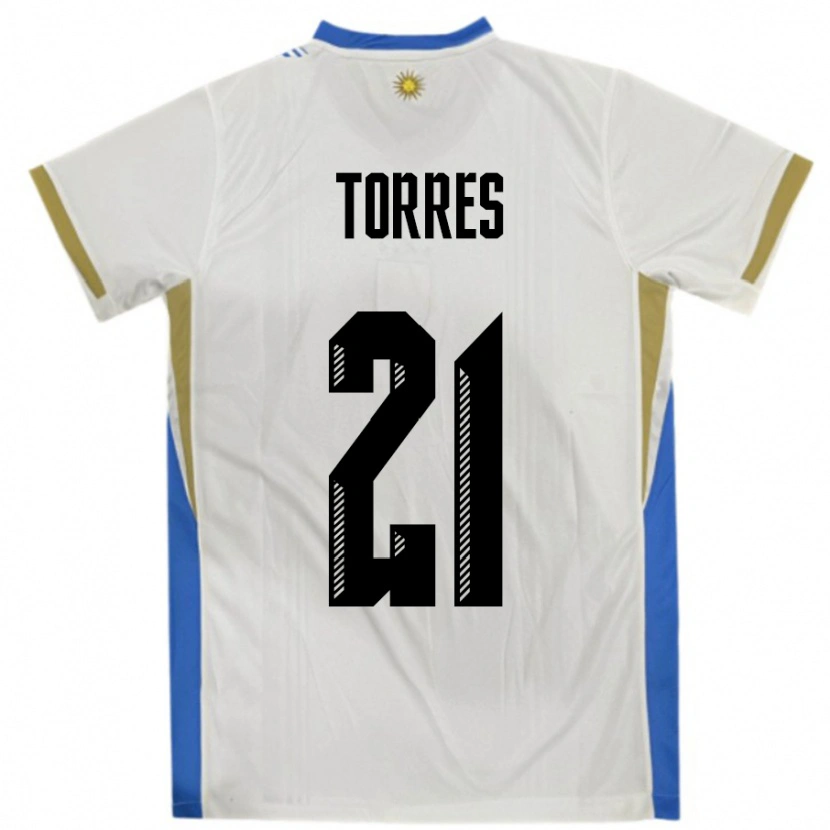 Danxen Mann Uruguay Facundo Torres #21 Hvit Blå Bortetrøye Drakt Trøye 24-26 Skjorter T-Skjorte