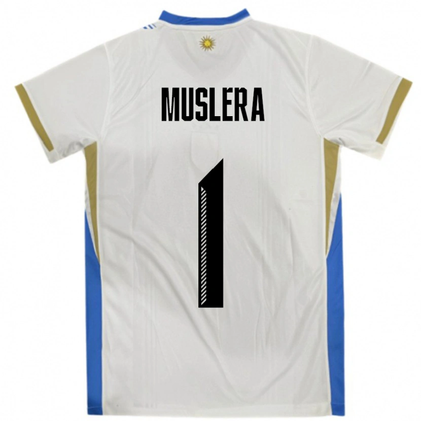Danxen Mann Uruguay Fernando Muslera #1 Hvit Blå Bortetrøye Drakt Trøye 24-26 Skjorter T-Skjorte