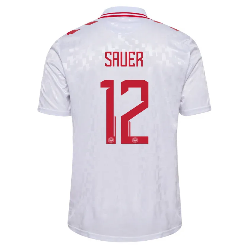 Danxen Mann Danmark Mathias Sauer #12 Hvit Bortetrøye Drakt Trøye 24-26 Skjorter T-Skjorte