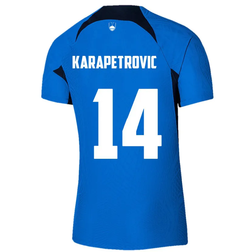 Danxen Mann Slovenia Luka Karapetrovic #14 Blå Bortetrøye Drakt Trøye 24-26 Skjorter T-Skjorte