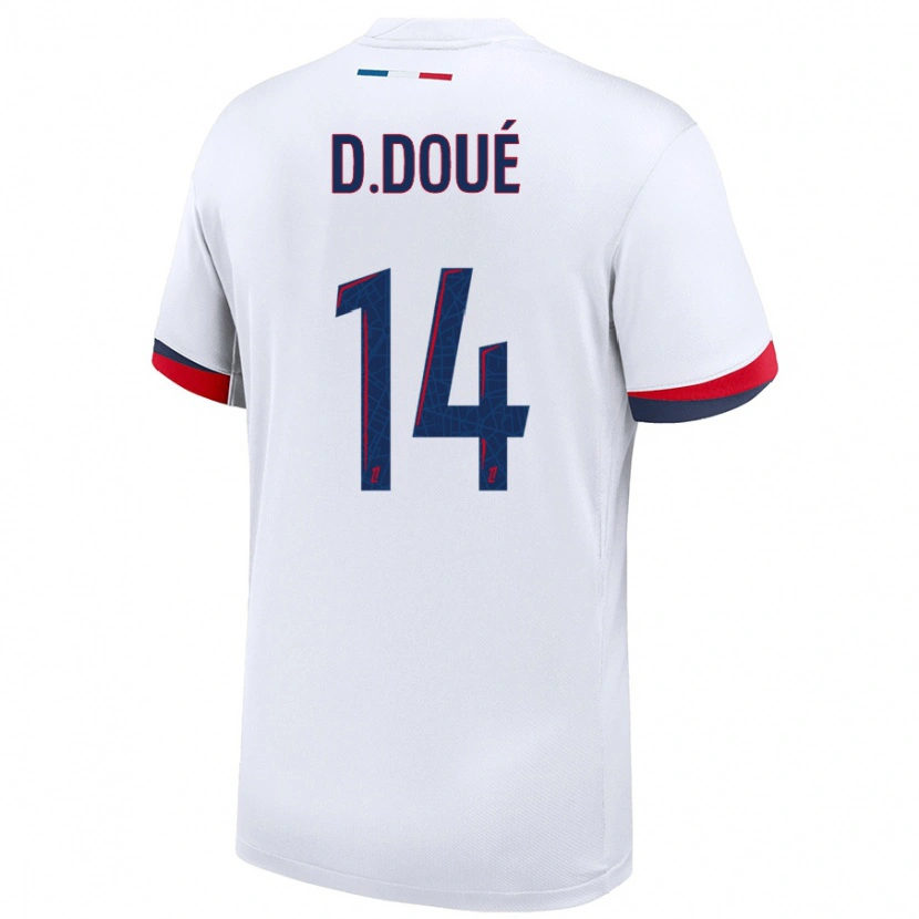 Danxen Dame Désiré Doué #14 Hvit Blå Rød Bortetrøye Drakt Trøye 2024/25 Skjorter T-Skjorte
