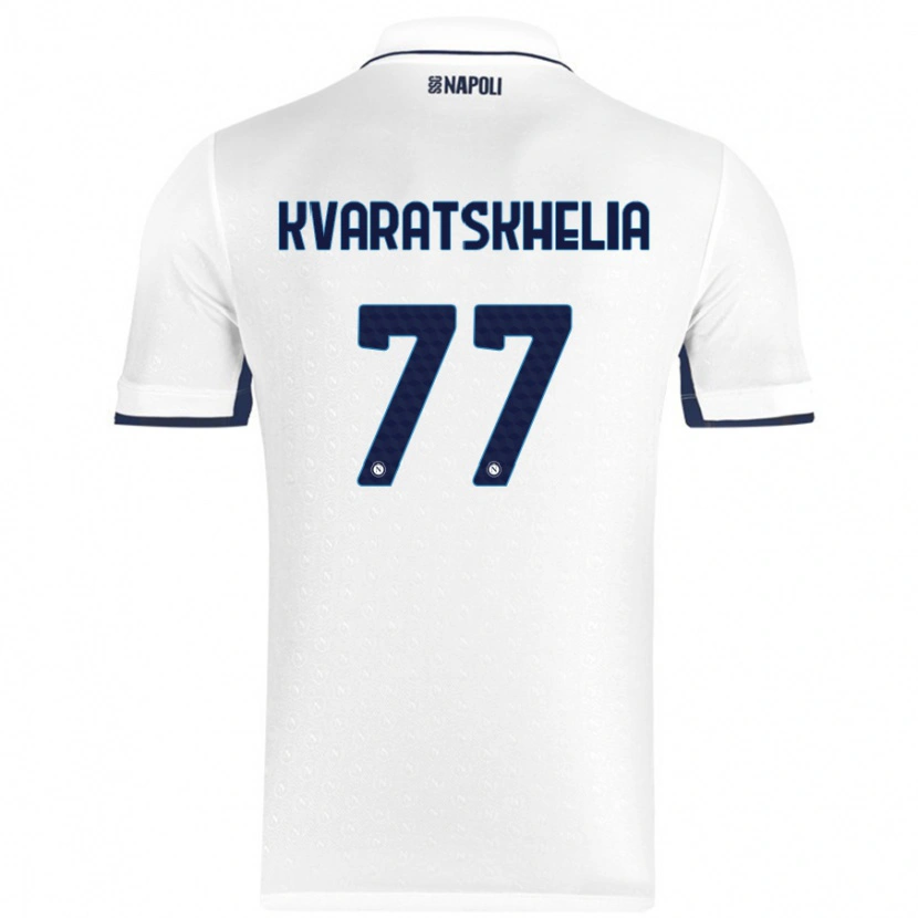 Danxen Mann Khvicha Kvaratskhelia #77 Hvit Kongeblå Bortetrøye Drakt Trøye 2024/25 Skjorter T-Skjorte